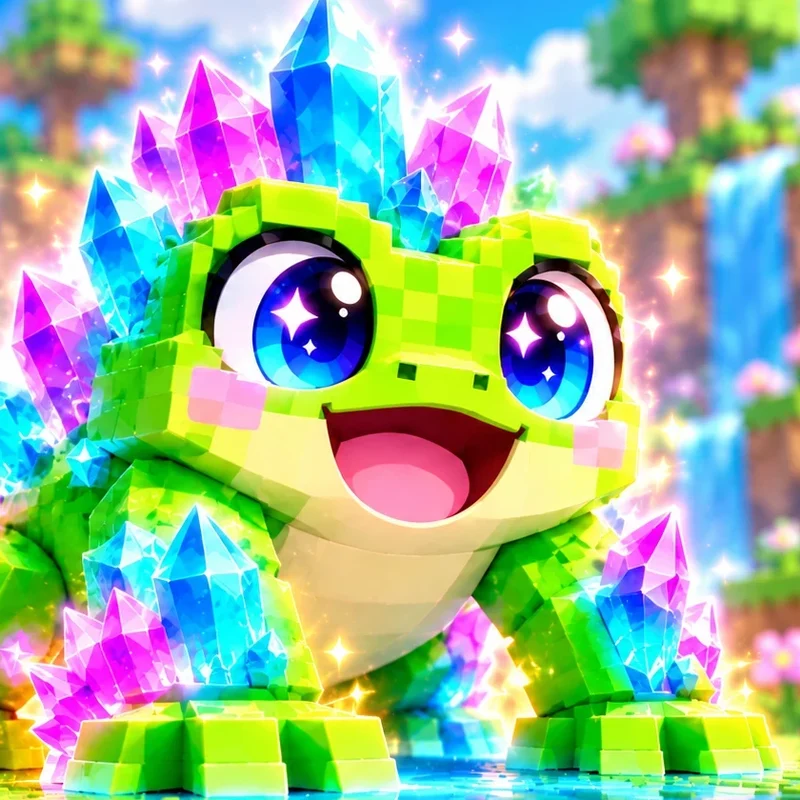 O Sapo de cristal, sorrindo, cheio de cristais azuis e rosa